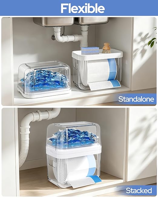 Trash Bag Dispenser & Dishwasher Pods Container, 3 in 1 Clear Acrylic Garbage Bags Holder Under Sink Organizer Laundry Pods Dishwasher Tabs Storage Box for Laundry Room and Kitchen Cabinet
