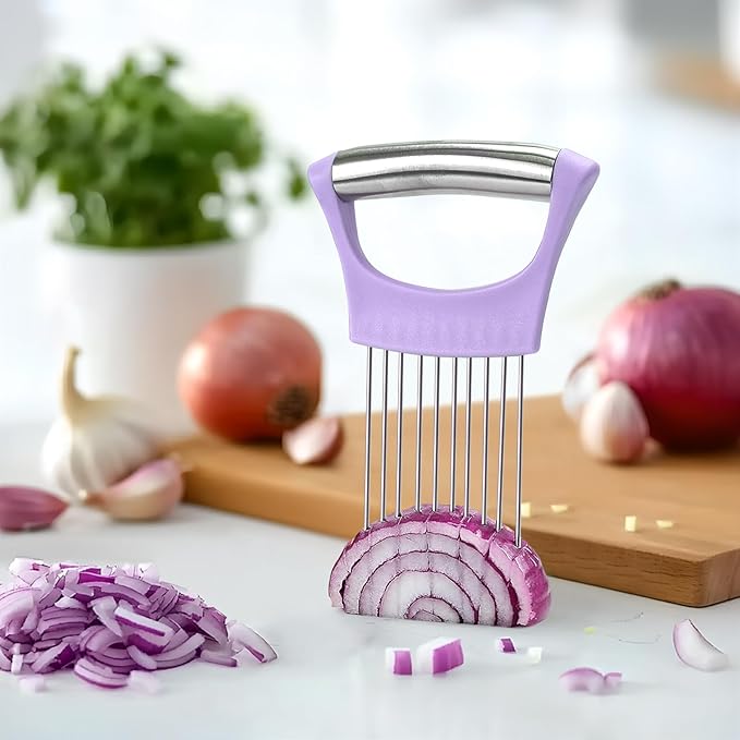 Stainless Steel Onion Holder for Slicing,Onion Slicer Holder, Onion Cutter for Slicing of Onions, Tomatoes,Avocados,Eggs and Other Vegetables,Kitchen Utensils Gift (Purple)