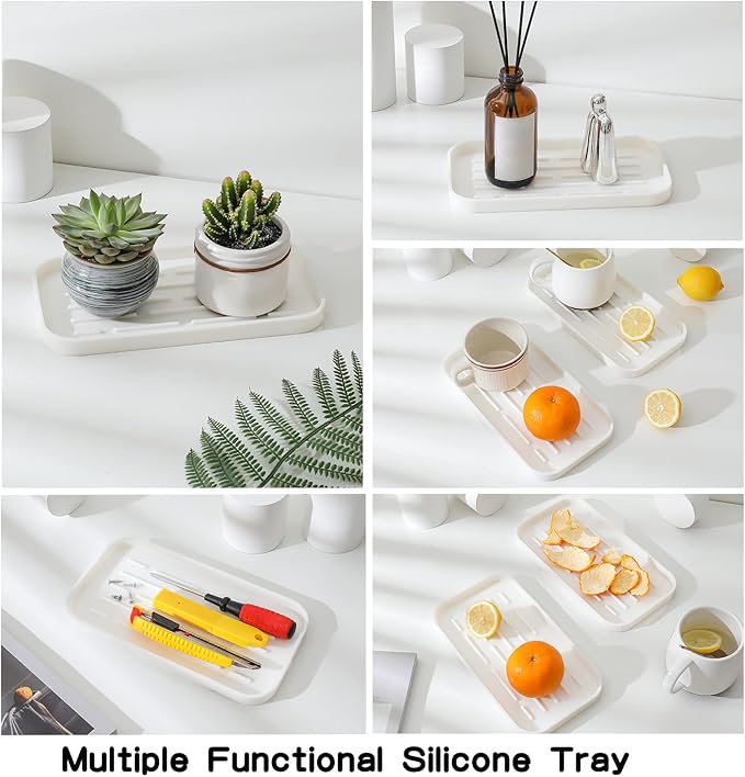 MicoYang Silicone Kitchen Sink Organizer Tray for Multiple Usage,Eco-Friendly Sponges Holder for Kitchen Bathroom Counter or Sink,Dish Soap Dispenser,Scrubber,Bottle,Cup (White, 10"×5.3")