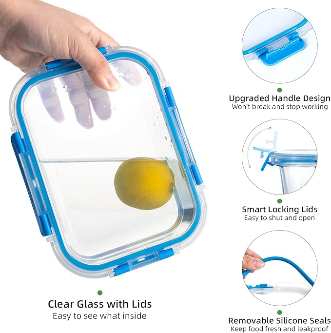 UMEIED 10 PACK Glass Food Storage Containers with Leak Proof Lids, Glass Airtight Meal Prep Containers Set for Lunch, On the Go, Leftover, Kitchen Pantry Organizers and Storage (Blue)