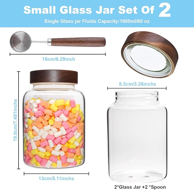 60 oz Glass Coffee Jars with Wooden Airtight Lid Spoon Clear Herb Ground Canister Round Food Storage Container for Sugar Pantry Flours Tea Coffee Bean Spice Cookies (1800ml/60oz-2PACK（with spoon))