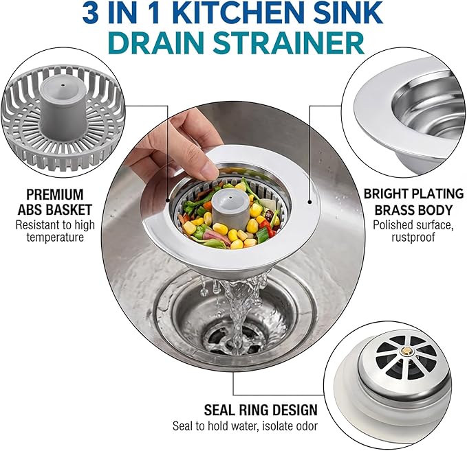 Kitchen Sink Stopper, 3 in 1 Pop Up Kitchen Sink Drain Strainer, with an Extra Basket Strainer, Sink Drain Stopper for US Standard 3-1/2 Inch, Brass Material Electroplate (Silver 2pcs)