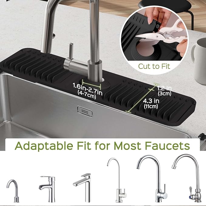 18 Inch Silicone Faucet Mat for Kitchen Sink Splash Guard – 2025 Upgraded Draining Mat with Water Tray Behind Faucet – Countertop Protectors to Catch Spills (Black, 17.7" x 5.5")