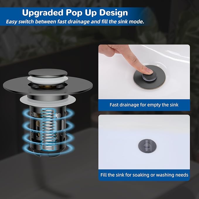 Hibbent Upgraded 3 in 1 Bathroom Sink Drain Strainer, Universal Pop Up Stopper with Removable Stainless Steel Filter Basket Hair Catcher, Sink Plug for 1.1''~2.36'' Basin, Brass Bullet Core, Grey