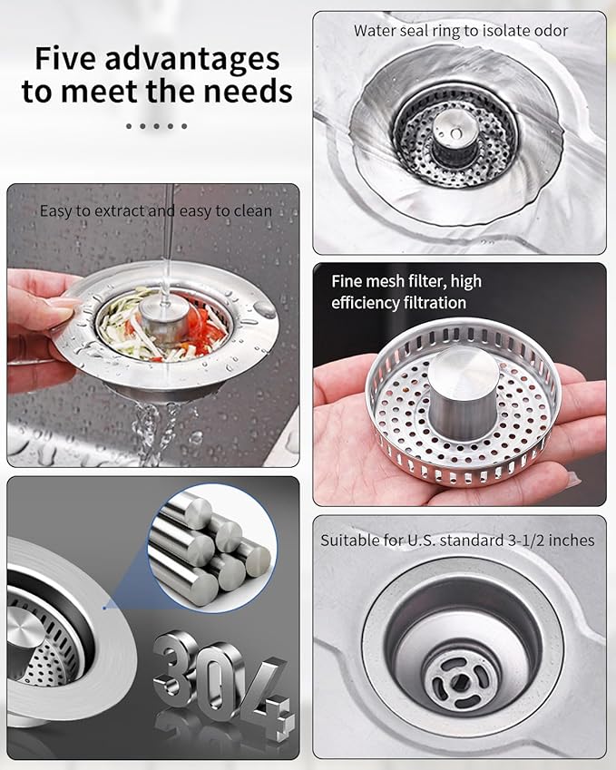 3 in 1 Kitchen Sink Drain Strainer [304 Stainless Steel Pop Up] Anti-Clogging Kitchen Sink Drain Stopper Stainless Steel Efficiently Drainage Odor Filter Sink Plug for Us Standard 3-1/2 Inch