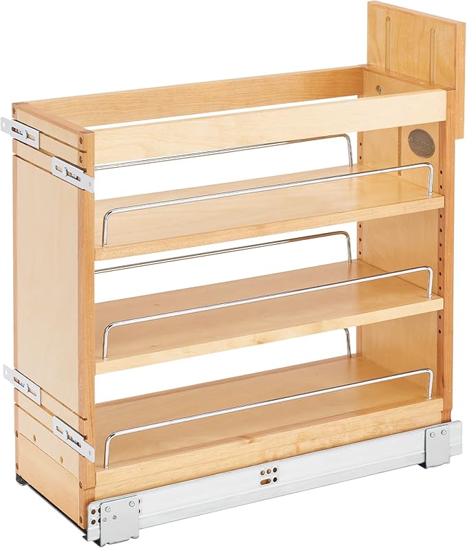 Rev-A-Shelf Maple Wood Door/Drawer Pullout Organizer w/Blum Soft-Close for Full-Height Base Cabinets, Full Extension Slides & Adjustable Shelves, Min Opening Width of 8.5", 448-BDDSC-8C