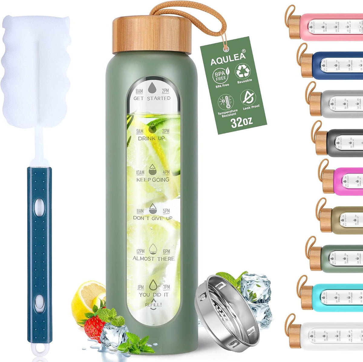 Glass Water Bottles 32 Oz with Silicone Sleeve - BPA Free Reusable Wide Mouth Glass Motivational Water Bottles with Fruit Infuser – Leak Proof Borosilicate Water Bottle with Time Marker (Green)