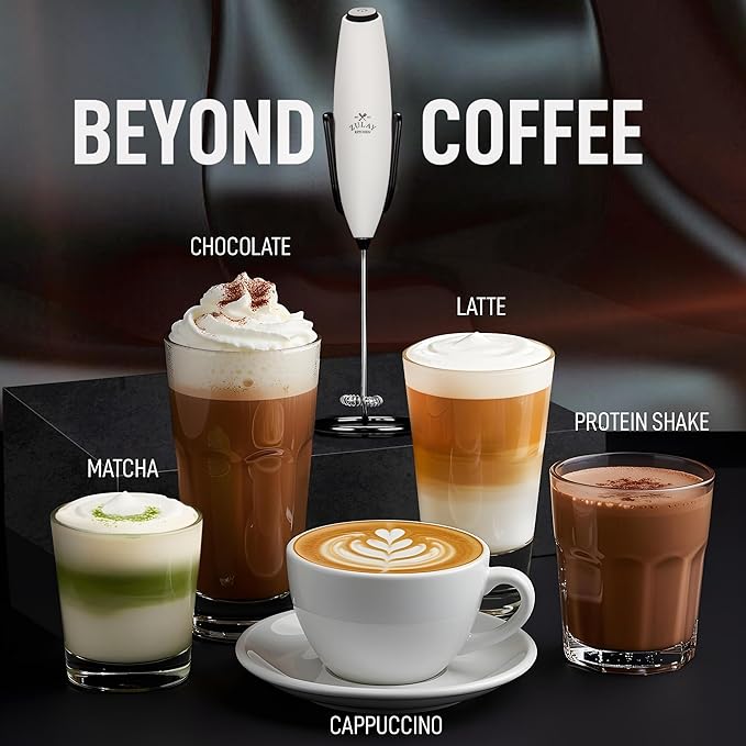 Zulay Kitchen Powerful Milk Frother Wand With Duracell Batteries - Ultra Fast Handheld Drink Mixer - Electric Whisk Foam Maker for Coffee, Lattes, Cappuccino & Matcha - Z1 Motor - Exec White & Black