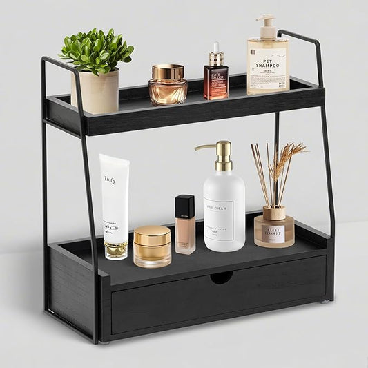 2-Tier Bathroom Organizer Countertop with Drawer, Wood Counter Organizer for Bathroom Decor, Sink Shelf for Vanity Storage, Makeup Tray for Perfume Skincare, Spice Rack Bedroom Kitchen Corner