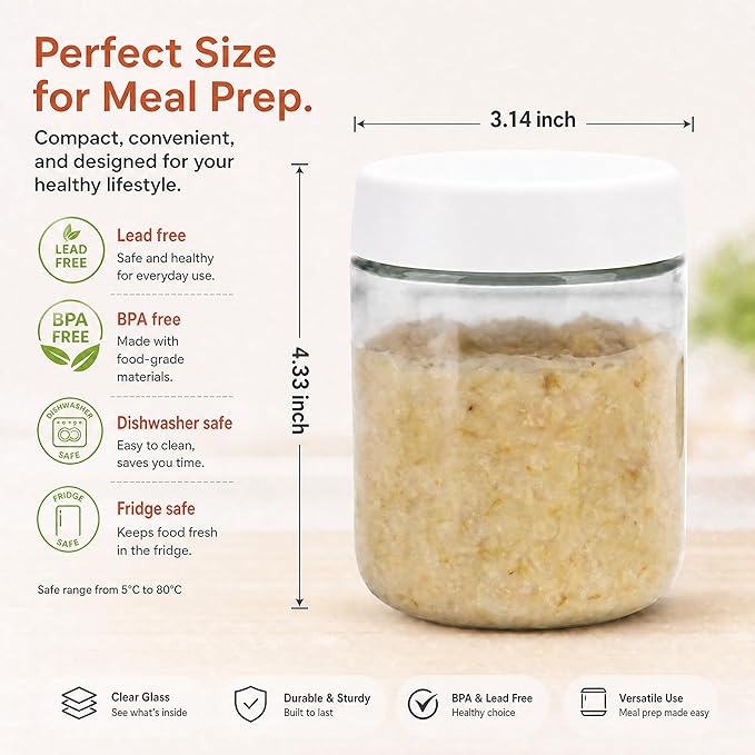 EONJOE 4-Pack Overnight Oats Containers with Lids 16oz Glass Mason Jars Meal Prep Salad Food Cereal Snacks Pudding Yogurt Storage