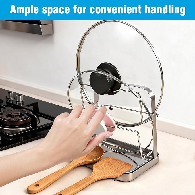 304 Stainless Steel Pot Lid Organizer & Spoon Rest, Pot Lid Holder Storage Rack for Kitchen Countertop, Multifunctional Stove Top Pot Cover Stand While Cooking