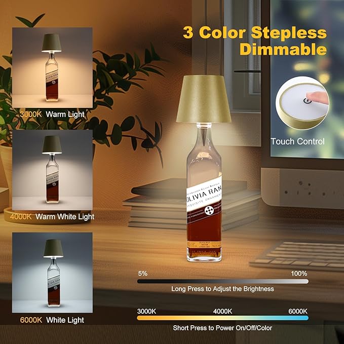 Wireless Bottle Lamp, 2024 New 3 Color Rechargeable Wine Bottle Lights for Bars Restaurants (Yellow, 1PC)