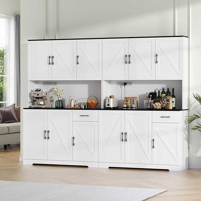 71" Pantry Cabinet,Kitchen Pantry Storage Cabine with Power Outlet,Farmhouse Kitchen Hutch Pantry Cabinet, Tall Hutch with Adjustable Shelf & Door,Food Pantry Storage for Dining Room,Kitchen (White)