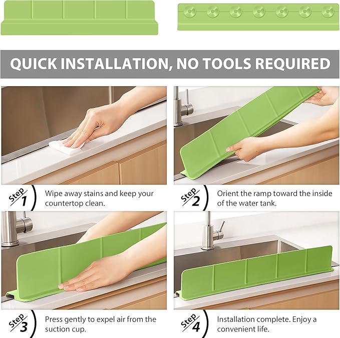 23Inch Sink Splash Guard – Extended Length & Tall Silicone Kitchen Sink Splash Guard with Overhang Drainage Design & Strong Suction Cups for Countertop (Green, 23''x3.5'')