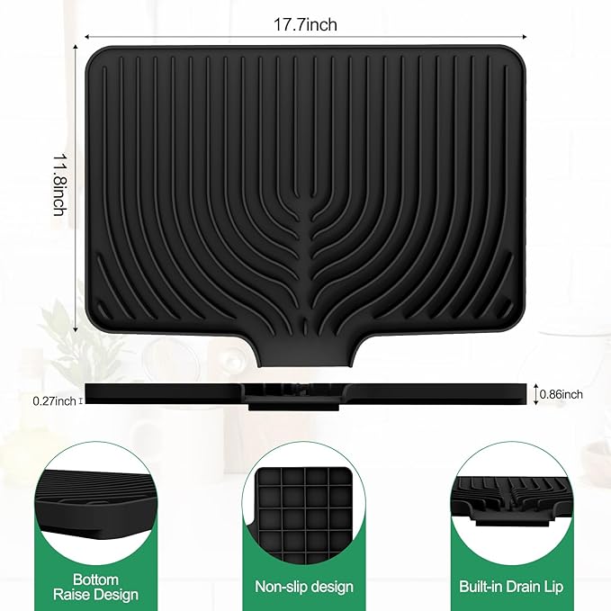 GUUKIN Dish Drying Mat, 17.7" x 11.8 " Drying Matt Kitchen Counter,Non-Slip Drying Pad, Easy Clean Pad for Countertop Protection, Multi-Functional Use (Black)