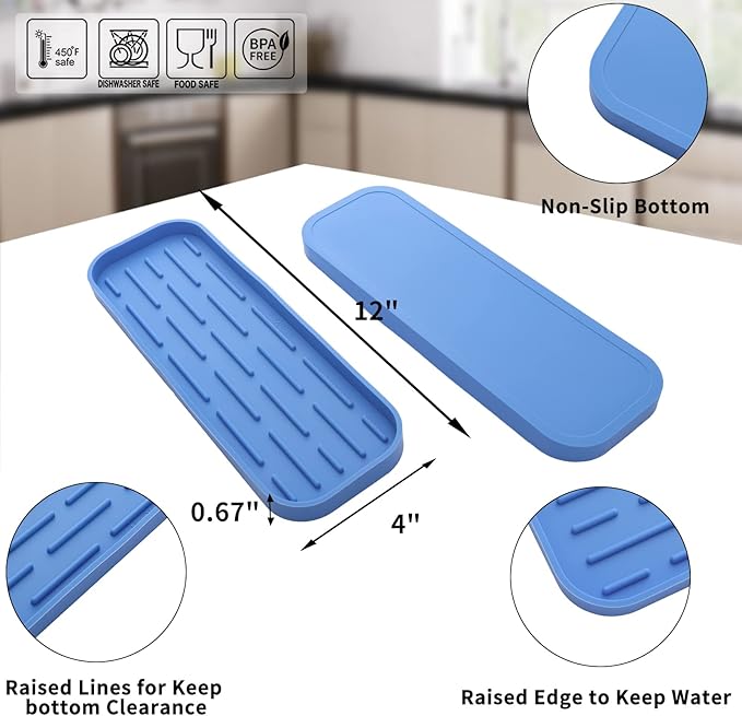 MicoYang Silicone Kitchen Sink Organizer Tray for Multiple Usage,Eco-Friendly Sponges Holder for Kitchen Bathroom Counter or Sink,Dish Soap Dispenser,Scrubber,Bottle,Cup (Lichen Blue, 12"×4")