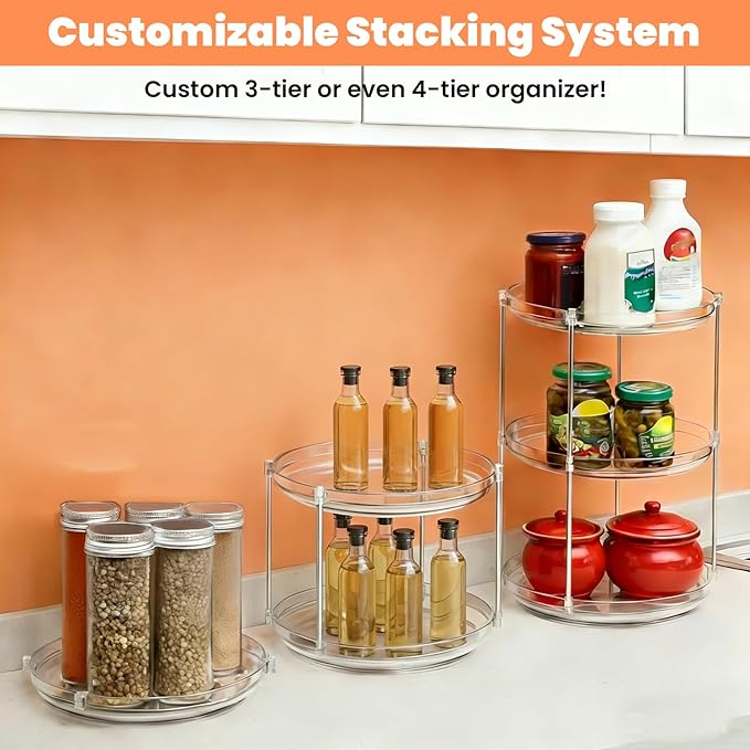 3 Pack 2 Tier Turntable Organizer, 9.6 Inch Clear Rotating Spice Rack for Cabinet, Kitchen, Pantry & Bathroom Countertop, Stackable Rotating Organizer for Medicine, Makeup & Condiments