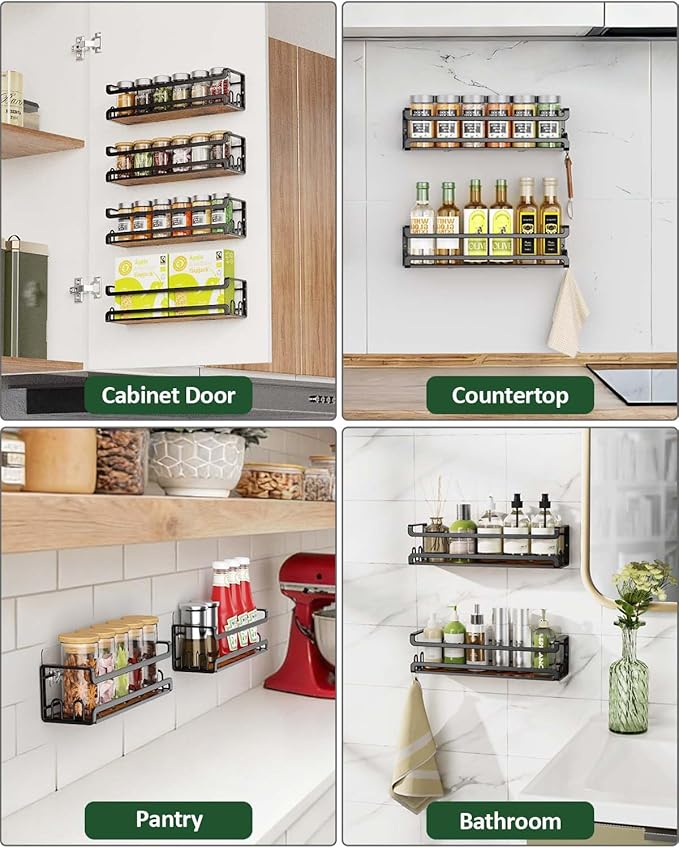 Doakhirmit Wall Mounted Spice Rack with 16 Hooks, Rustic Wood Spice Organizer Shelf for Stove Cabinet Pantry Door,Screw or Adhesive Hanging Spice Shelf,Wall Spice Rack in Kitchen and RV,6 Pack