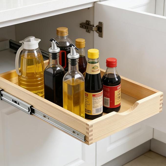 14" Pull Out Cabinet Drawer (Fits 15" Cabinet Opening), Wood Slide Out Cabinet Shelf Organizer with Ball Bearing Slides, Clear Lacquer Finish, Heavy Duty Kitchen Cabinet Pull Out Shelves