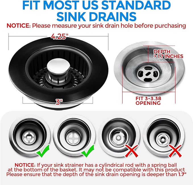 Sink Drain Strainer - Brushed Black Kitchen Sink Stopper, 3 in 1 Stainless Steel Pop-Up Drain Plug with Anti-Clog Basket, Matte Black Cover Fits Standard 3-1/2" Kitchen Sink Drains