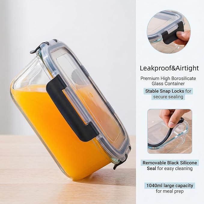 5 Pack Glass Meal Prep Containers 35oz, High Borosilicate Glass Food Storage Containers with Black PP Lids, Airtight Leakproof Lunch Boxes, Microwave, Oven, Dishwasher, Freezer Safe