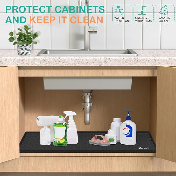 Waterproof Under Sink Mat 28" x 19", Silicone Cabinet Liner, Rubber Protector for Kitchen and Bathroom, Keeps Cabinets Clean, Dry, and Organized (Black)