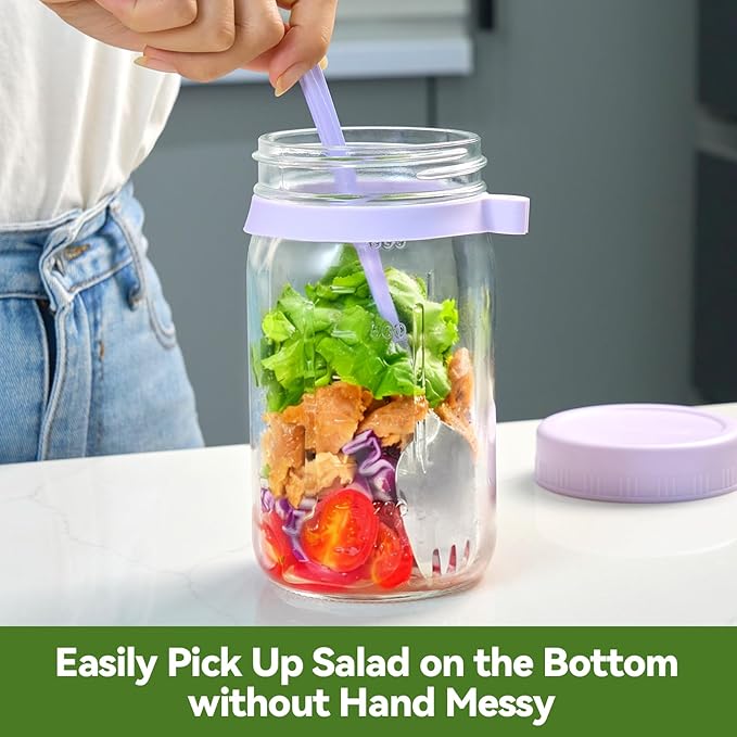 4 Pack Glass Salad Pod Mason Jar with Dressing Cup & Spork, 32 oz Salad Container to Go with Lids Meal Food Prep for Lunch, Large Travel Mason Jar Bowl with 2 Insert Dressing & Topping Holder