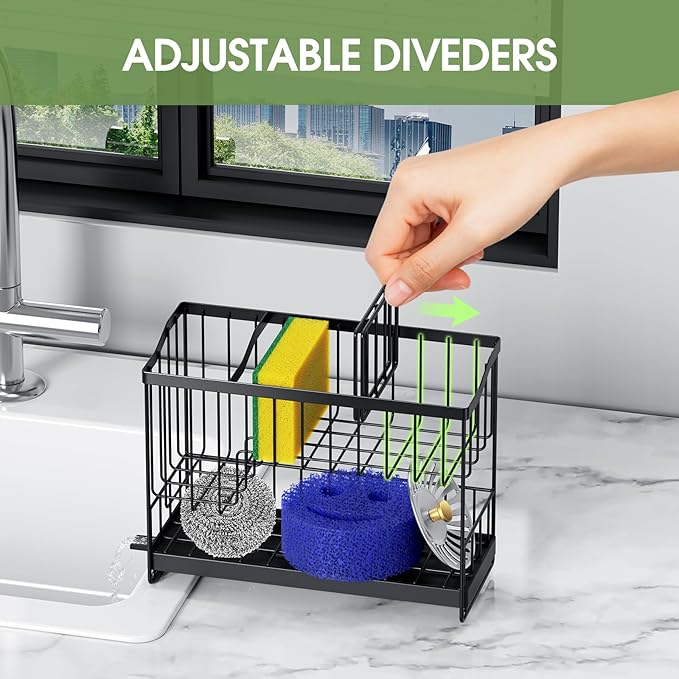 Kitchen Sink Caddy, 2-Tier Self-Draining Sponge & Dish Brush Holder, Rustproof 304 Stainless Steel Space-Saving Organizer with Drying Tray, Black