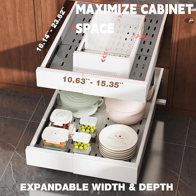 Seinloes Pull Out Cabinet Organizer,4-Side Expandable to Maximize Cabinet Space,Slide Out Drawers with 3 Rail Design,Roll Out Shelf with Raising Pad for Framed Cabinet,11"-16"W x 17"-24"D,White,2 Pack