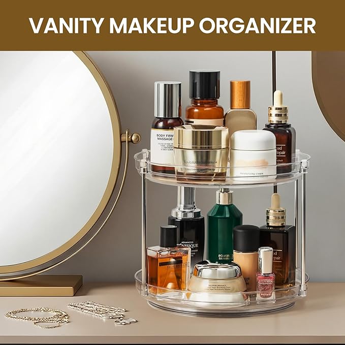 2 Tier Non-Skid Acrylic Lazy Susan Turntable Organizer - Rotating Spice Rack - Spinning Organization Tray for Kitchen, Pantry, Countertop, Closet, Bathroom, Vanity, Medicine Cabinet Organizing, 12''