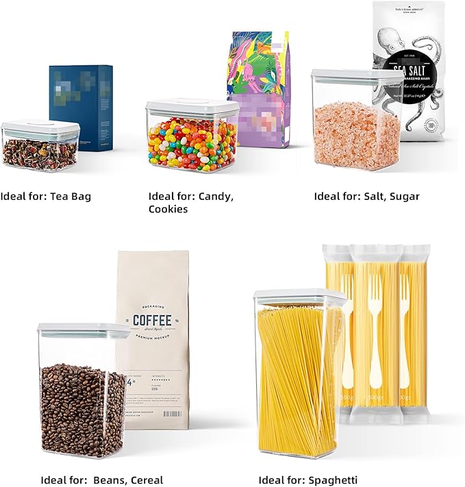 Airtight Food Storage Containers, 5 PCS Clear Pantry Organizers, BPA-Free Stackable Canisters with Measurement Marks & Pop-Top Lids for Cereal, Flour, Sugar, Rice, Pasta & Dry Food