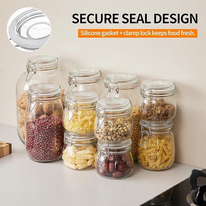 8 Pack 9.5oz Food Storage Jars with Airtight Lids, Preserving Seal Wire Clip Fastening Glass Containers, Canisters for Kitchen Organization, Flour, Cereal, Pasta, Sugar, Beans, Pickling Jars(9.5 Oz*8)