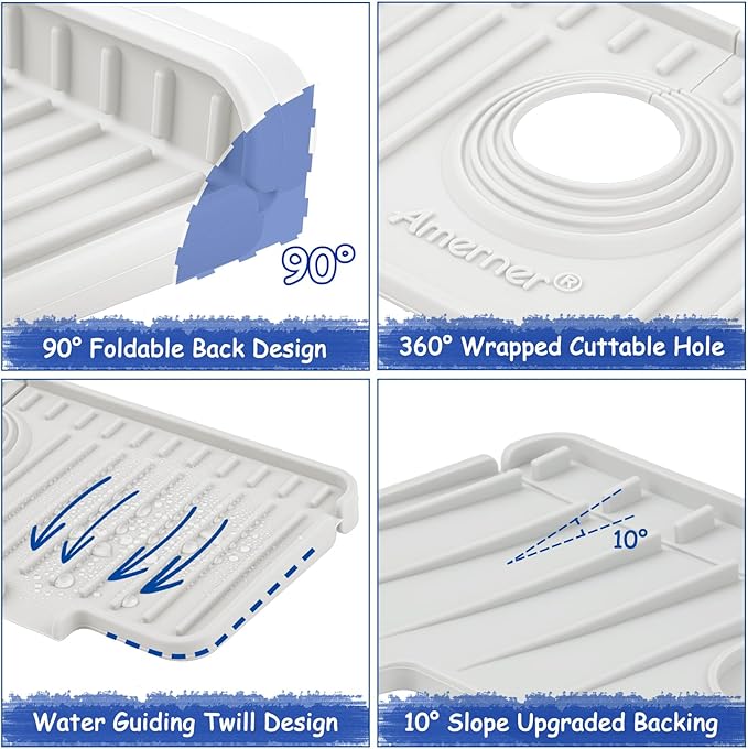 Amerner Kitchen Sink Splash Guard, Silicone Faucet Guard & Draining Mat, Bathroom and Kitchen Sink Organizer, Sink Faucet Mat Water Splash Guard Behind Faucet Accessories Gadgets, 14.2” x 5.1”, White