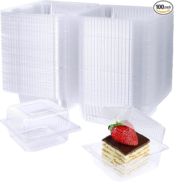 Jizvxe 100 Pack Clear Plastic Square Hinged Food Container,Disposable Plastic To Go Containers with Clear Lids,Cake Slice Containers Clamshell Takeout Tray for Pastry,Salad,Dessert(5.1"x 4.7"x 2.8")