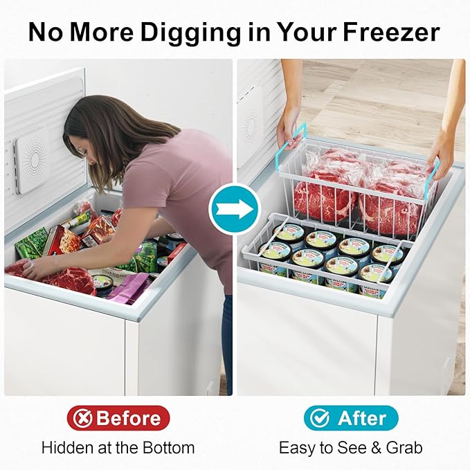 iSPECLE Chest Freezer Organizer Bins - Fits 7 Cu.Ft Deep Freezer, 3 Pack Stackable Wire Baskets(14.7" Length), Heavy Duty Coated Freezer Organizer, Rust Resistant for Frozen Food Sorting, White