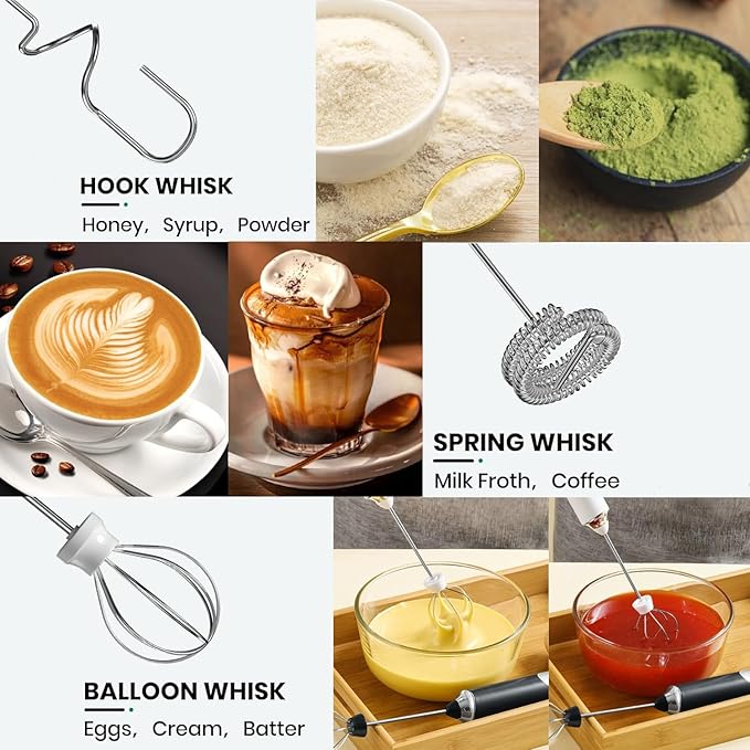 Handheld Electric Milk Frother with 2 Heads, Coffee Whisk Foam Mixer with USB Rechargeable 3 Speeds, Foam Maker Blender for Latte, Cappuccino, Hot Chocolate, Egg (Black with 3Head+Box)