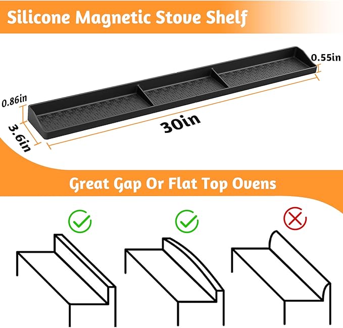 Magnetic Stove Top Shelf, Over the Stove Shelf Spice Rack & Spice Organizer – 30" Heat Resistant Silicone Stove Shelf, No Drill Kitchen Storage Organizer for Gas/Electric Stoves & Small Kitchens