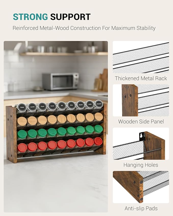 NESAPTO Spice Rack Organizer for Cabinet, Wood 4-Tier Vertical Seasoning Organizer, Wall Mount or Countertop Spice Shelf, Holds 36 Jars (No Jars Included), 17.2" W x 10.3" H