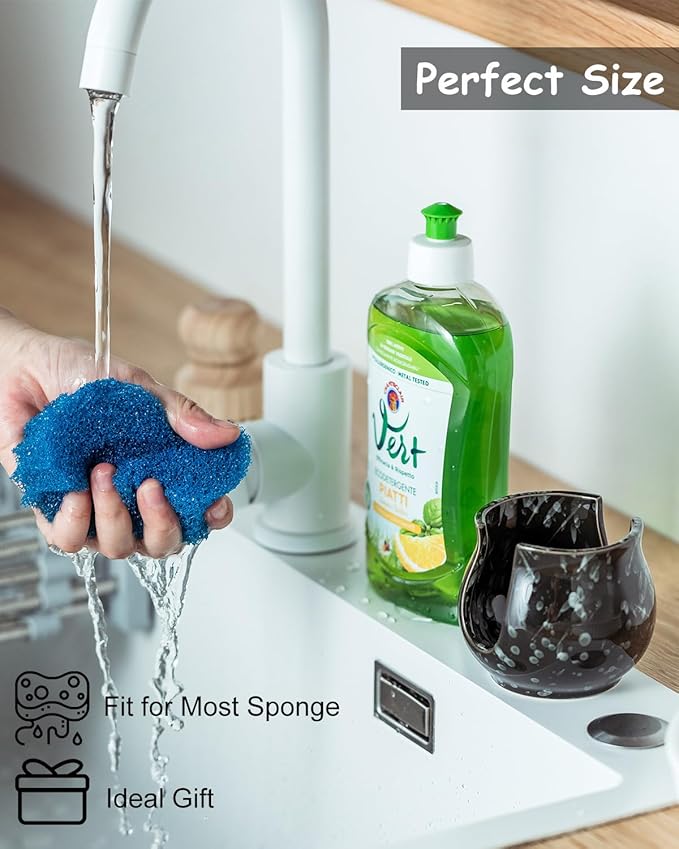 Zoeeker Kitchen Sponge Holder, Ceramic Dish Sponge Holder Kithen Sink Organizer Farmhouse Brush Holder Dish Rack for Bathroom, Kitchen, Sink, Black