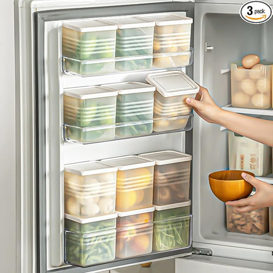 3 Pack Refrigerator Organizer Box with Lid, Plastic Refrigerator Side Door Storage Containers, Space-Saving Organizer Bins for Refrige, Refrige Drawers for Fruit and Vegetable (Clear, S×3)