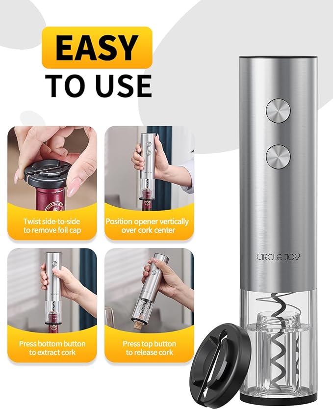 CIRCLE JOY Electric Wine Opener Rechargeable 5-in-1 Stainless Steel Wine Gift Set with Foil Cutter, Wine Aerator Pourer, Wine Drip Ring & Vacuum Stopper, Ideal Gifts for Wine Lovers, Silver
