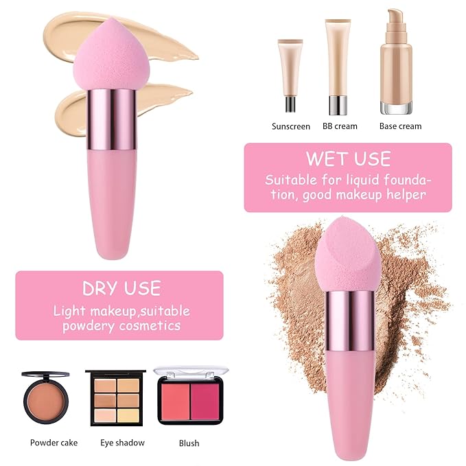 Sibba 3 Pcs Little Makeup Sponges with Handle, Powder Make Up Puff Set, Wet and Dry Foundation Blending Applicator, Cosmetic Concealer Face Brush, Lightweight Mini Beauty Sponges for Eyes and Sticks