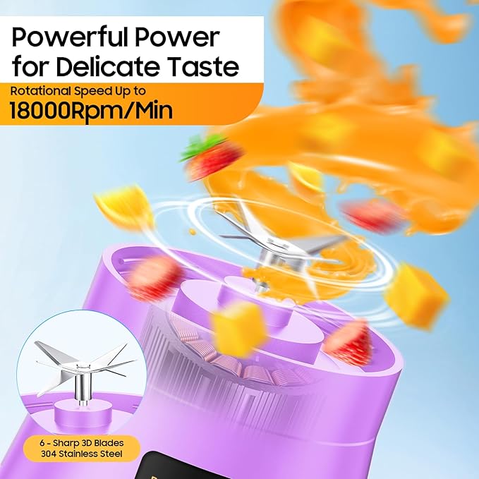 Cordless Portable Personal Size Blender - USB Rechargeable Blender for Smoothies and Shakes, 6 Blades with 380Ml BPA Free Juice Cup, Freshly Squeezed for Picnic/Sports