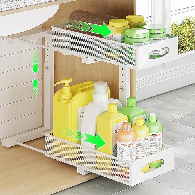Under Sink Pull Out Organizer, 5-Level Adjustable Height to Fit U/L Shape Plumbing Pipes, Carbon Steel 2-Tier Storage Rack for Kitchen Bathroom Cabinet, White