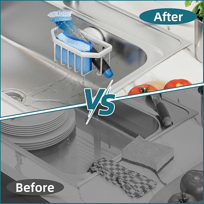 TAILI Sink Caddy with Strong Suction Cup, Sponge Holder for Kitchen Sink Organizer, Removable Sponge Caddy Inside Sink, Rustproof Aluminum Holder for Sponges, Brushes - White