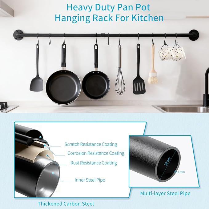 38 inch Pipe Hanging Rail for Pots, Pans, Lids, Kitchen Utensils, Wall Mounted Rail Rack Pipe Bar with 10 S Hooks Indutrial Style, Black