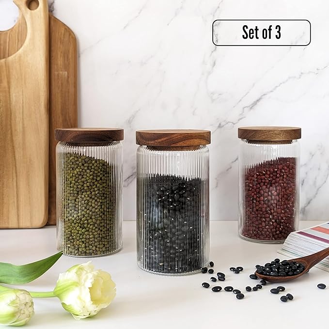 Mason & Fable Ribbed Glass Jars with Wooden Lid 27 fl oz- Set of 3