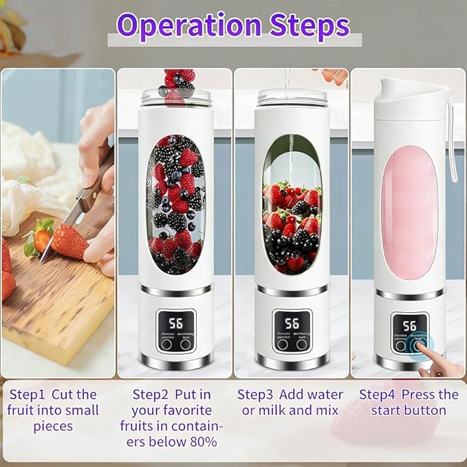 Portable Personal Blender, 500ML Cordless Compact Travel Juicer for Shakes and Smoothies, Small Blenders with Smart time display, Self-cleaning, BPA Free Cup & Lid, 12 blades, USB-C Rechargeable White