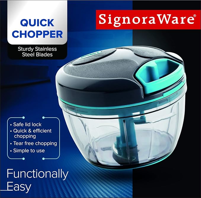 SIGNORAWARE Manual Food Processor, Vegetable Chopper -Easy Pull Hand String- Portable Stainless Steel Hand Food Chopper, Cutter, Garlic Mincer, Onion, Veggie, Fruit Chopper, Dicer w/Container (15 oz)