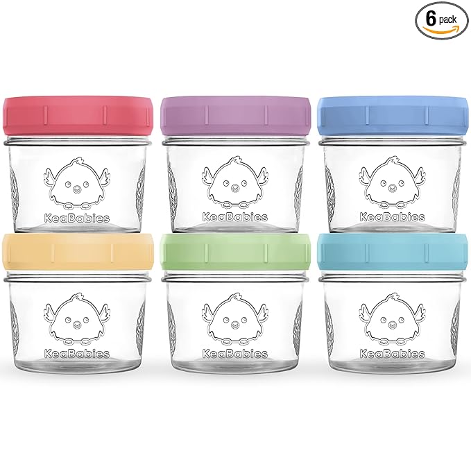 KeaBabies 6pk 4oz Glass Baby Food Containers with Lids - Leak-Proof, Microwavable Small Glass Jars, Baby Purees & Toddler Snack Storage Containers, BPA-Free, Dishwasher & Freezer Safe (Nord)